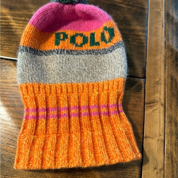 Polo Ralph Lauren Striped Pom-Pom Hat. Beanie pink/orange/gray 100% wool Italy - Picture 6 of 7